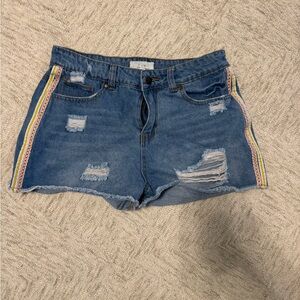 Blue Distressed Jean Shorts with Athletic Stripes